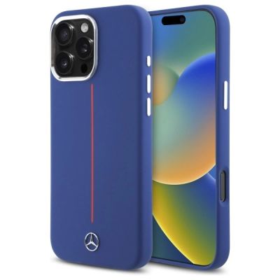 Mercedes Silikon Red Stripe MagSafe Hülle für iPhone 16 Pro Max – Marineblau