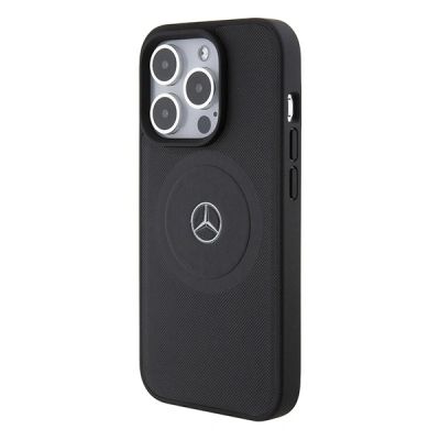 2. Mercedes-Benz MagSafe-Lederhülle mit gekreuzten Linien für iPhone 15 Pro – Schwarz
