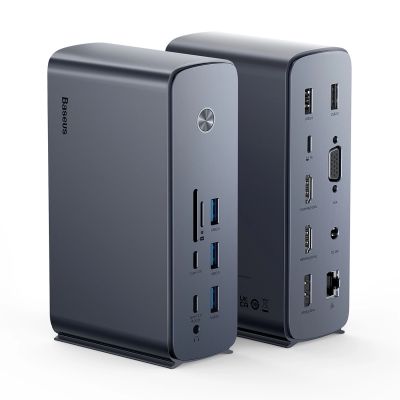 2. Baseus UnionJoy USB-C Dockingstation (2x HDMI 4K@60Hz, 1x DisplayPort 4K@60Hz, 3x USB-A 3.0, 2x USB-C 3.0, 2x USB-A 2.0, 1x RJ45 PD PC, 1x SD+TF, 1x 3,5-mm-Klinkenanschluss) – Grau