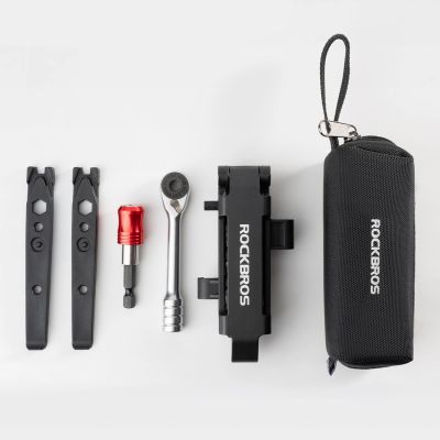12. Rockbros Multitool-Fahrradwerkzeugset mit Ratschenschlüssel und Reifenhebern – Schwarz