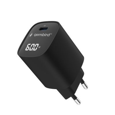 2. GEMBIRD 1-Port-Schnellladegerät (PD) USB Typ-C, 60 W, LCD, Schwarz