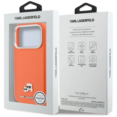 8. Karl Lagerfeld Karl & Choupette Head Pins Saffiano MagSafe Hülle für iPhone 17 Pro Max - Orange