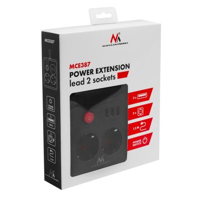 5. MACLEAN Steckdosenleiste, Verlängerungskabel mit 2 Steckdosen + 3 USB-Anschlüssen, 110–240 V Wechselstrom, 50/60 Hz, max. 2,1 A, 2500 W, 1,5 m, Schwarz, MCE387 B