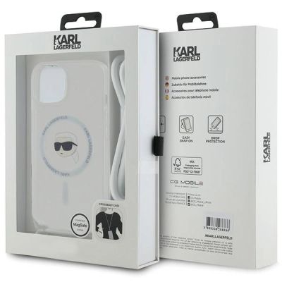 7. Karl Lagerfeld Crossbody IML Karl Head MagSafe Hülle für iPhone 15 / 14 / 13 – transparent