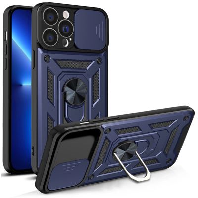 Hybrid Armor Camshield Hülle für iPhone 13 Pro Max gepanzerte Hülle mit Kameraabdeckung blau