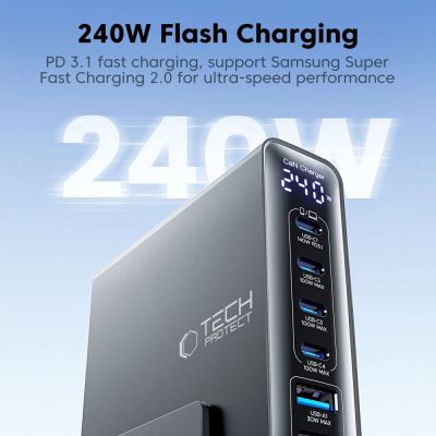 7. Tech-Protect DC240W-GaN Ladestation mit 6 Anschlüssen (4 x USB-C, 2 x USB-A), 240 W, QC3.0 – Schwarz