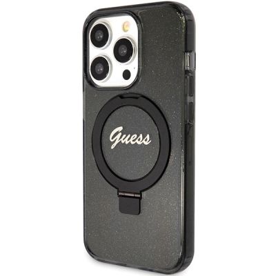 2. Guess Ring Stand Script Glitter MagSafe Hülle für iPhone 15 Pro – Schwarz