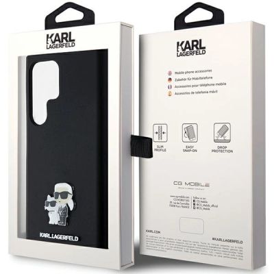8. Karl Lagerfeld Silikon Karl&Choupette Metal Pin Hülle für Samsung Galaxy S24 Ultra – Schwarz