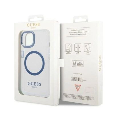 8. Guess Metal Outline MagSafe Hülle für iPhone 14 Plus – blau