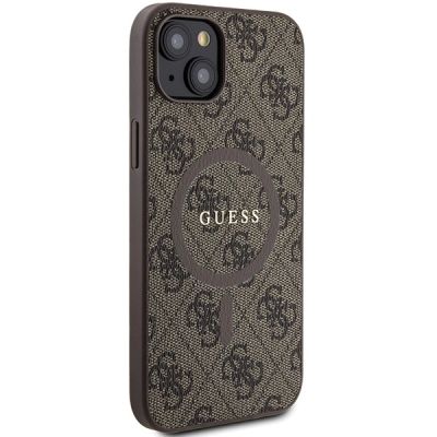 4. Guess 4G Collection Leder Metall Logo MagSafe Hülle für iPhone 15 Plus / 14 Plus – Braun