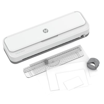 19. HP ONELAM 400 A3 Laminiergerät, Kalt-/Heißlaminierung, integrierter Trimmer, Eckenrunder, Geschwindigkeit 40 cm/min + 15 Laminierfolien: 3 x A4, 4 x A5, 4 x A6, 4 x B-Card, weiß