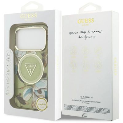 8. Guess IML Glitter Flowers Dreieckige MagSafe Hülle für iPhone 17 Pro Max - Grün