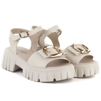 3. Damen-Ledersandalen mit Plateau und Verzierungen, beige, Vinceza 26-79611
