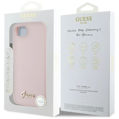 8. Guess Silikon Script Metal Logo MagSafe iPhone 16e Hülle - Rosa