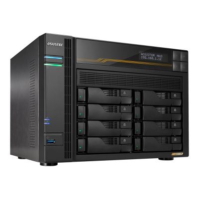 9. NAS Asustor AS6808T; Tower; 8x (3,5" SATA HDD/ 2,5" SSD); AMD Ryzen Embedded V3C14; 16 GB ECC DDR5 SODIMM (max. 64 GB), 2x 10GbE, 2x 5GbE, 4x M.2 2280 NVMe PCIe 4.0, 2x USB 4.0, 2x USB 3.2 Gen, 1x optionale 10GbE-Karte