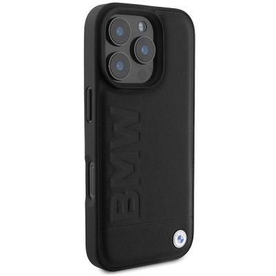 4. BMW Lederhülle mit Heißprägung und MagSafe-Verzierung für iPhone 16 Pro Max – Schwarz