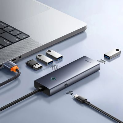 6. Baseus UltraJoy Series USB-A-Hub (4x USB-A 3.0, 1x USB-C, 5 V, 50 cm) – Grau