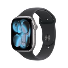 Apple Watch Series 11 GPS 46 mm Gehäuse aus Space Grau Aluminium mit schwarzem Sportarmband - S/M