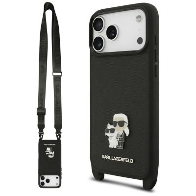 Karl Lagerfeld Saffiano Karl&Choupette Metall-Pin CBDY Schutzhülle für iPhone 18 Pro Max / 17 Pro Max - Schwarz