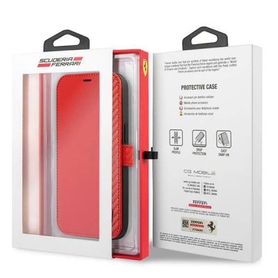 7. Ferrari FESAXFLBKP13SRE iPhone 13 mini 5.4" rot/rotes Buch On Track Carbon Stripe