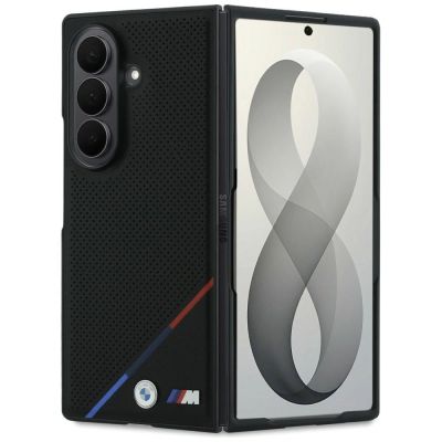 BMW M Lederhülle mit perforiertem dreifarbigem Streifenmuster, Metalllogos und MagSafe-Funktion für Samsung Galaxy Z Fold 8 Ultra – Schwarz