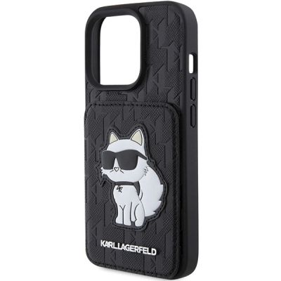 6. Karl Lagerfeld Saffiano Kartenfächer und Ständer Monogram Choupette Hülle für iPhone 15 Pro Max – Schwarz