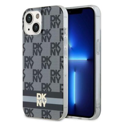 DKNY IML Checkered Mono Pattern & Printed Stripes MagSafe Hülle für iPhone 15/14/13 – Schwarz
