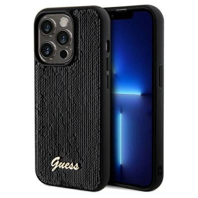 Guess Pailletten Script Metallhülle für iPhone 14 Pro Max – Schwarz