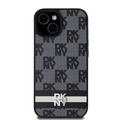 DKNY Lederhülle mit kariertem Monomuster und bedruckten Streifen für Samsung Galaxy S24+ – Schwarz