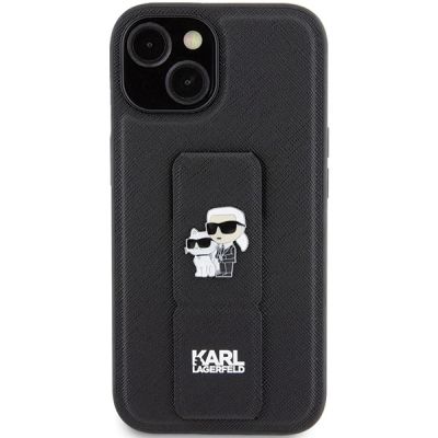 3. Karl Lagerfeld Gripstand Saffiano Karl&Choupette Pins Hülle für iPhone 15 Plus / 14 Plus – Schwarz