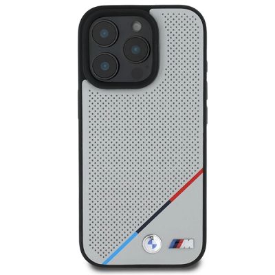 3. BMW M Perforated Tricolor Line MagSafe Hülle für iPhone 16 Pro – Grau