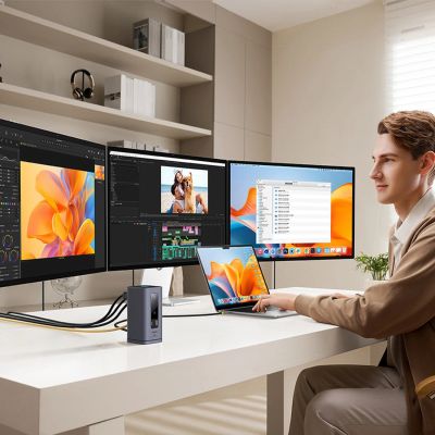 6. Baseus Spacemate Hub USB-C 11-in-1 Dockingstation mit 3x HDMI 4K 60Hz + 2x USB-A (10 Gbit/s) + 1x USB-C (10 Gbit/s) + RJ45 + 2x USB-A (480 Mbit/s) + 1x USB-C (PD) + 1x 3,5-mm-Klinkenbuchse – Grau