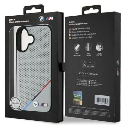 8. BMW M Perforierte Tricolor Line MagSafe Hülle für iPhone 16 - Grau