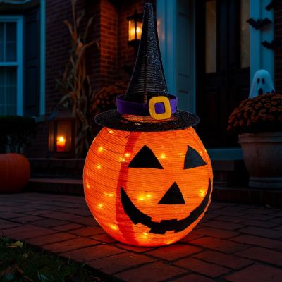 20. Dekorativer Kürbis mit Hut, 68 cm, Halloween, 30 LEDs