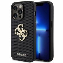 Guess Lederhülle mit perforiertem 4G-Glitzer-Logo für iPhone 15 Pro – Schwarz