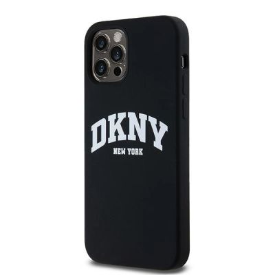 7. DKNY Flüssigsilikon-MagSafe-Hülle mit weißem bedrucktem Logo für iPhone 12/12 Pro – Schwarz