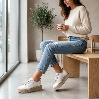10. Leder-Plateau-Sneaker, weiß, Filippo DP6122