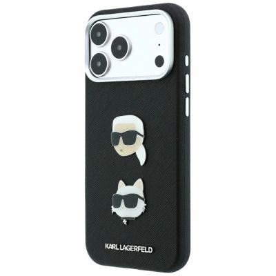 2. Karl Lagerfeld Saffiano Hülle mit Karl & Choupette Köpfen Pins & Logo für iPhone 18 Pro Max / 17 Pro Max - Schwarz