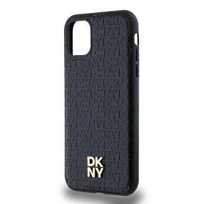 6. DKNY MagSafe-Hülle aus Leder mit Monogrammmuster und Metalllogo für iPhone 11 / Xr – Schwarz