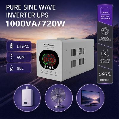 7. USV Qoltec 50451 Sinus-Wechselrichter 1000 VA/720 W 12/230 V mit AVR | LCD | LiFePO4 AGM-Gel-Akku