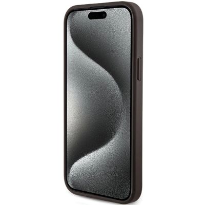 5. Guess 4G Collection Leder Metall Logo MagSafe Hülle für iPhone 15 Plus / 14 Plus – Braun