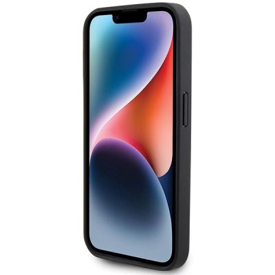 5. BMW Lederhülle mit blauem Streifenmuster für iPhone 15 Pro Max – Schwarz