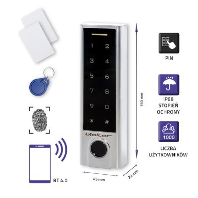 2. QOLTEC TITAN Touch-Codeschloss mit Fingerabdruckleser | RFID | BT 4.0 | Code | Karte | Schlüsselring | Klingel | IP68
