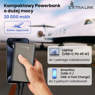 21. Extralink Powerbank EPB-126 20000mAh Silber, 45W PD, USB-C