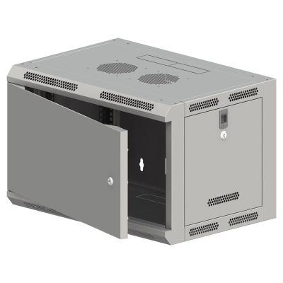 Wandschrank 19" 6U 600x500, ungeteilt, einflügelige Metalltür, geschlossene Rückwand, bewegliche perforierte Seitenwände, grau, 4 Träger, zerlegbar, ALANTEC-Bausatz