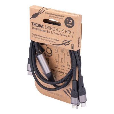5. TROIKA DREIZACK PRO USB-Kabel 1,2 m USB-C/Micro-USB-A/Lightning 100 W Schwarz, Grau