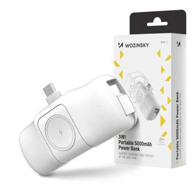14. Wozinsky WF16-YCS 5000 mAh 15 W USB-C Mini-Powerbank mit integriertem USB-C-Kabel und Apple Watch Ladegerät – Weiß