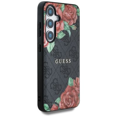 4. Guess Leather 4G Flowers Print Metal Classic Logo MagSafe Hülle für Samsung Galaxy S25 - Schwarz