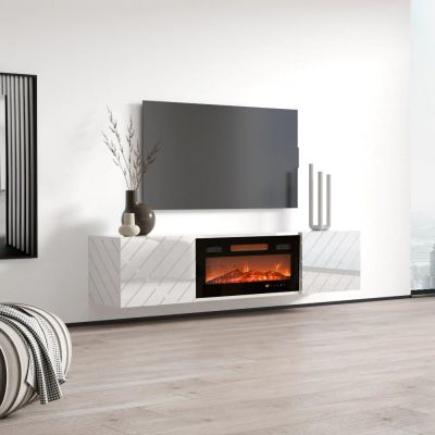6. TV-Schrank LUXE 182,6 x 34,5 x 37,5 cm, weiß/weiß glänzend + schwarzer Kamin