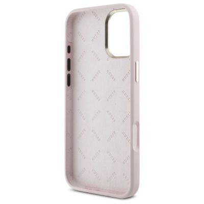 7. Guess Silikon Script Metal Logo & Frame Hülle für iPhone 16 Plus – Rosa
